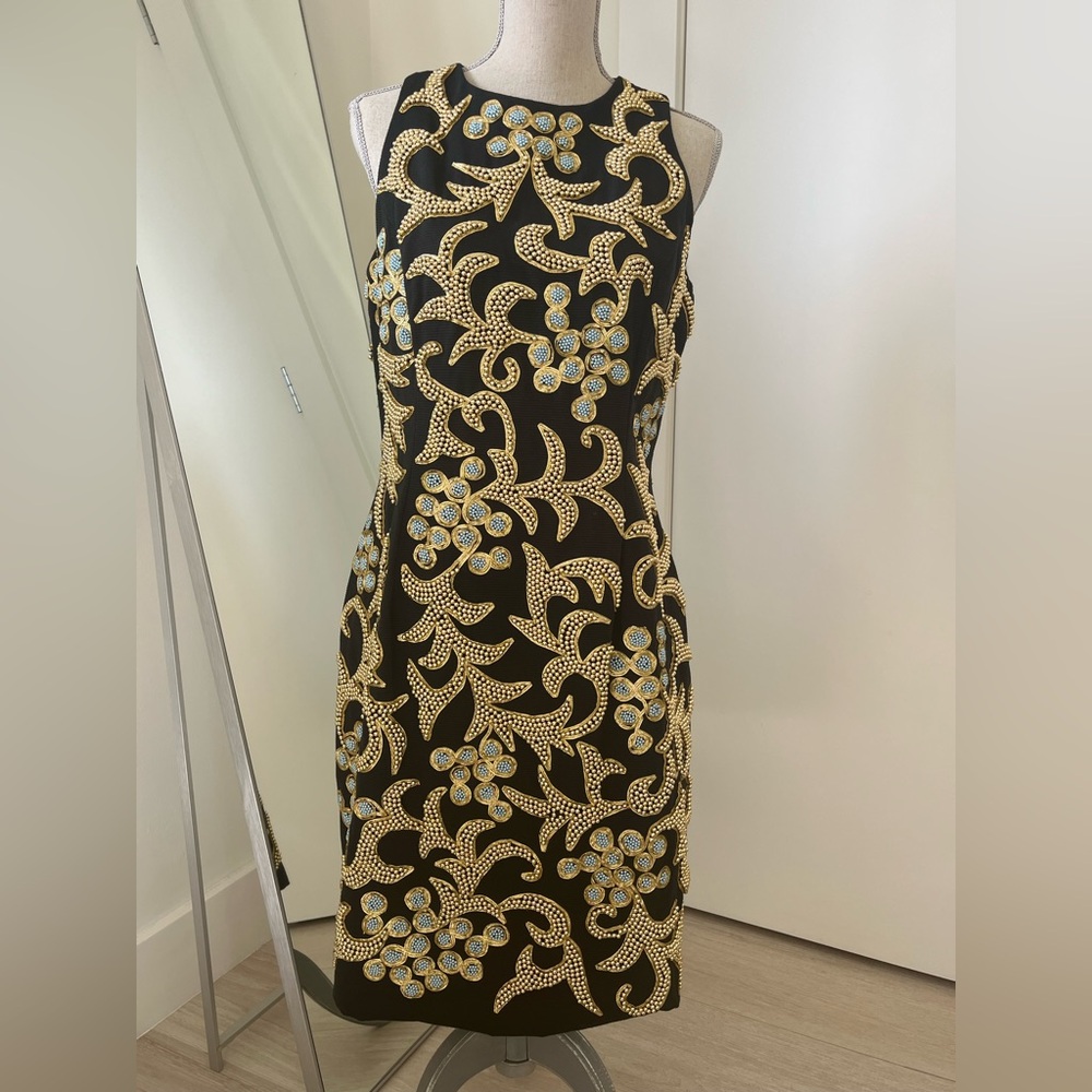 Bill Bass Beaded Applique Cocktail Dress Black and Gold. Brand New.